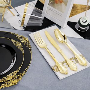 Ychon ensemble de <span class=keywords><strong>vaisselle</strong></span> <span class=keywords><strong>jetable</strong></span> <span class=keywords><strong>or</strong></span> foncé en plastique fête <span class=keywords><strong>vaisselle</strong></span> fournitures assiettes en papier jetables ensemble de <span class=keywords><strong>vaisselle</strong></span> - Product Image 3