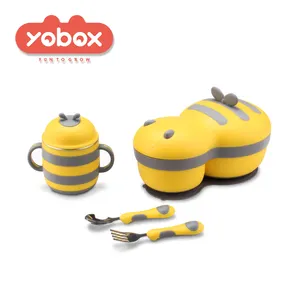 YOBOX Baby Feeding Bowl Set with Silicone Suction Food Warmer Feeding Baby Food Bowls Container Little Bee Stainless Steel Y006