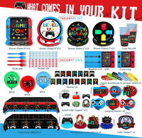 Kit de Fête d'Anniversaire Thème Jeu Vidéo : Assiettes, Gobelets, Serviettes, Nappe, Vaisselle, Bracelets, Décorations de Gâteau Nid d'Abeille, Drapeaux, Ballons Spirale