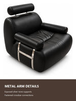 Fauteuil d'appoint en cuir noir rembourré avec appui-tête cylindrique et accoudoirs métalliques pour salon et hôtel