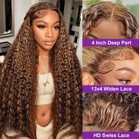 Perruque brésilienne Remy bouclée 200 % de densité, 30-32 pouces, mèches miel, avec dentelle transparente 13x4 et baby hair pour perruque