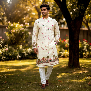 Ensemble Kurta Pyjama pour homme, imprimé numérique, longueur genou, tenue traditionnelle ethnique pour mariage - Product Image 1
