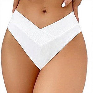 Women's High Waisted <b>V</b> Cut Bikini Bottoms Ribbed Tummy Control Solid Color Swim Briefs OEM Service Anti-UV Quick Dry for Summer. - Product Image 2