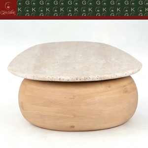 Mesa <span class=keywords><strong>de</strong></span> Centro Escandinava GOLDKING <span class=keywords><strong>de</strong></span> Travertino con Base <span class=keywords><strong>de</strong></span> Madera y Orificios Naturales, OEM ODM Directo - Product Image 6
