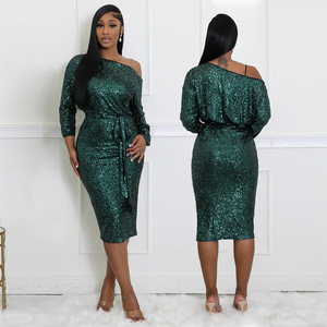 Nouvelles robes de soirée longues en satin pour femmes, à épaules asymétriques, avec dentelle florale et sequins - Product Image 6