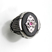 Bagues rétro vintage en pierre d'agate noire pour hommes, plaquées rhodium, bijoux en émail