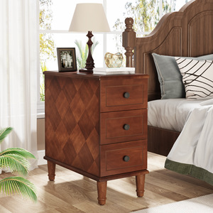 Table d'appoint en bois massif, design rétro, trois tiroirs, rangement pour canapé de chambre, meubles de style américain - Product Image 3