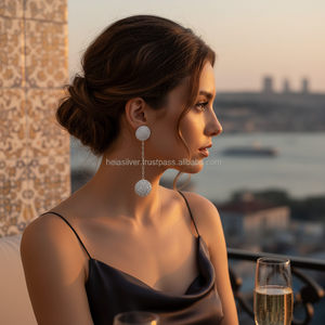 Boucles d'oreilles en argent Sterling — boucles d'oreilles, Double rond, plaqué Rhodium, Design Long, vente en gros de bijoux turcs - Product Image 3