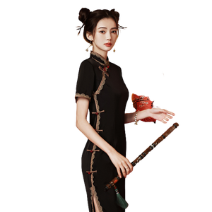 Nuevo verano cheongsam <span class=keywords><strong>ropa</strong></span> <span class=keywords><strong>tradicional</strong></span> <span class=keywords><strong>china</strong></span> Vestido corto de color negro elegante mujeres niñas vestidos negros fábrica para mujeres - Product Image 1