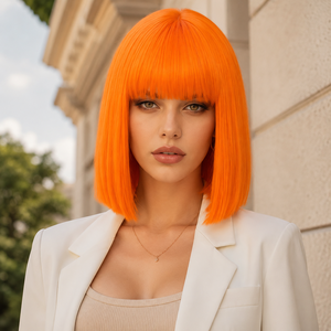 Perruque synthétique courte et droite, couleur <span class=keywords><strong>orange</strong></span> néon vif, avec frange, résistante à <span class=keywords><strong>la</strong></span> chaleur, pour fête, cosplay, mode, prix d'usine - Product Image 5