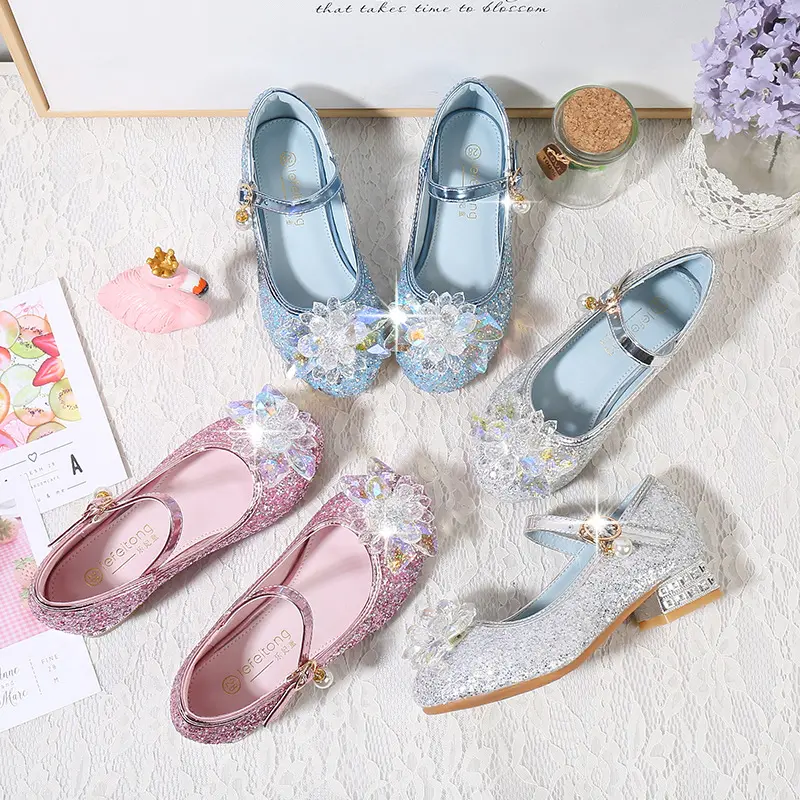 great girl crystal flower party shoes baby girl cozy high heel sequin birthday princess shoes