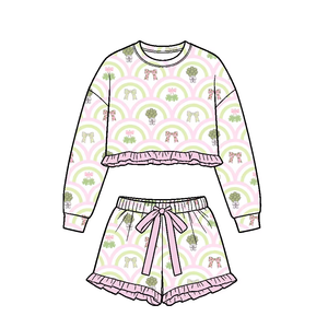 Preorder Kids Girls St. Patrick's Day Print Long Sleeve Top Ruffle Shorts 2Pcs Set Boutique Casual Outfits for Spring - Product Image 3