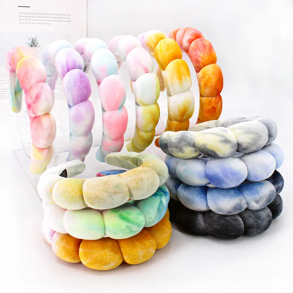 Ifond tùy chỉnh nhung TIE DYE Sponge Twist phụ nữ hairband cao sọ Top đám mây bong bóng Headband