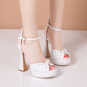 Sandales à talons hauts à plateforme ouvertes, décorées de perles délicates, avec bride à la cheville, pour femmes, chaussures formelles pour occasions de mariage et de soirée - Product Image 5