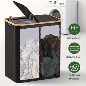 Hot-selling Japanese-style <b>foldable</b> bamboo fabric laundry <b>basket</b> with lid, large size. - Product Image 2