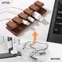 Organisateur de câbles pour bureau à domicile, 5 emplacements, support de câbles en bois de noyer, gestion des fils de bureau pour câbles USB, de charge, HDMI et Type-C