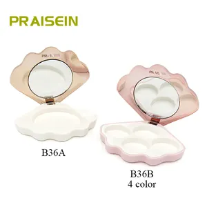 Embalagem em forma de concha para olhos, recipiente para blush, sombra de olho de plástico em 4 cores com espelho personalizado