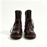 Sepatu Bot Kulit Coklat Vintage Wanita Model Combat Setengah Betis, Tali, Ritsleting Samping, Hak Tebal, Kasual, Gaya Motor