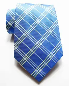 New Classic Checks Blue White Yellow JACQUARD WOVEN 100% Silk Men's Tie Necktie