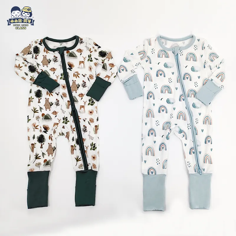 개인 맞춤형 로고 긴 소매 대나무 아기 장난 꾸러기 옷 로파 드 베베 스판덱스 지퍼 대나무 아기 잠옷