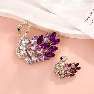 Swan <b>Crystal</b> Brooch Set Purple And Clear Zinc Alloy Women's Party Accessory Pin <b>Animal</b> Shape Fashion Jewelry - Product Image 1