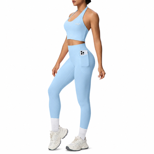 Ensemble <span class=keywords><strong>de</strong></span> yoga pour femme en nylon et élasthanne, taille haute, anti-transparence, effet push-up, séchage rapide, avec poches, pour la gym, le yoga, la course et l'entraînement - Product Image 4