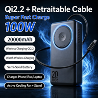 Batería Semisólida de 20000mAh, Banco de Energía Magnético de 100W, Cargador Rápido Bidireccional, Soporte AC, Cable, Pantalla Digital, Ventilador de Refrigeración