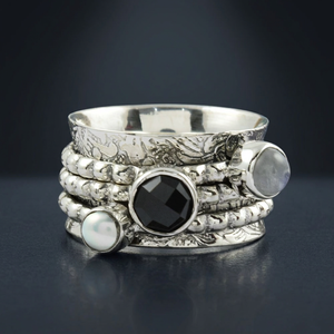 Bague tournante personnalisée en argent sterling 925, style bohème, avec sertissage clos et pierres multiples, bijoux faits main - Product Image 2