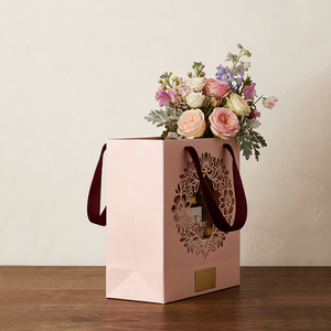 Sac cadeau en papier rose élégant avec logo personnalisé découpé au laser, motif floral, avec poignée en ruban, pour mariage, <span class=keywords><strong>fleuriste</strong></span>, emballage cosmétique - Product Image 2