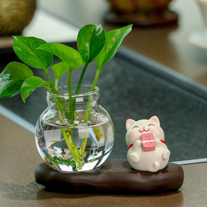 Cute Cartoon Lucky Cat Hydroponic Vase Round Resin Tabletop Decor For Chinese New Year Office Desk Decoration - Product Image 4