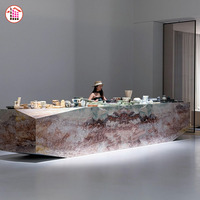 Comptoir de réception en marbre multicolore sur mesure, veinage paysager, design LED flottant, décoration de hall de luxe, vente en gros