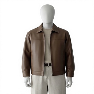 Chaqueta Acolchada de Cuero Marrón para Hombre, Cuello Alto, Cierre de Cremallera, Ropa Casual de Invierno, Corte Regular, Color Sólido, Forro de Spandex - Product Image 1