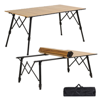 Table de camping moderne, portable, pliable, en aluminium, avec plateau en bois grainé, réglable en hauteur