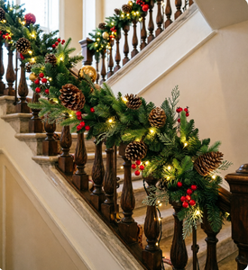 Guirlande <span class=keywords><strong>de</strong></span> Noël <span class=keywords><strong>de</strong></span> luxe en PVC+PE <span class=keywords><strong>de</strong></span> 2,7 m avec cônes <span class=keywords><strong>de</strong></span> pin et baies rouges, pré-éclairée avec lumières LED chaudes pour la décoration <span class=keywords><strong>de</strong></span> la maison et des magasins pendant les fêtes - Product Image 6