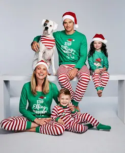 高品质新年圣诞节睡衣条纹定制贴花儿童家庭睡衣套装