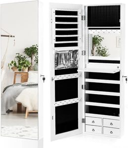 <span class=keywords><strong>Armoire</strong></span> à <span class=keywords><strong>bijoux</strong></span> murale/portable en bois moderne avec bande LED, miroir intégré, plateau cosmétique rabattable, 4 tiroirs, grand rangement - Product Image 1