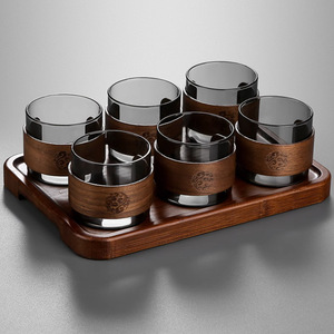 Juego de tazas de té de madera negra translúcida con forma cilíndrica y borde de madera para té de la tarde, estilo simple, 6 piezas - Product Image 1
