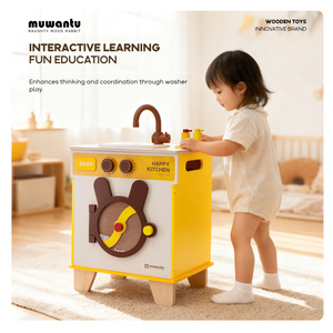 Machine à laver <span class=keywords><strong>en</strong></span> <span class=keywords><strong>bois</strong></span> pour enfants Muwantu, jouet d'imitation avec évier, tambour rotatif, robinet non toxique, boutons interactifs, certifié CE, à partir de 3 ans - Product Image 5