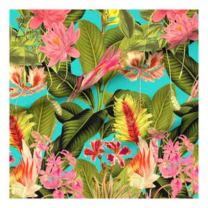 Tessuto 100% Rayon Estivo Hawaiano Tropicale con Stampa Giungla e Isola, Motivo Foglie di Palma Floreali, Tecnica Tessuta per Abiti da Bambina - Product Image 1