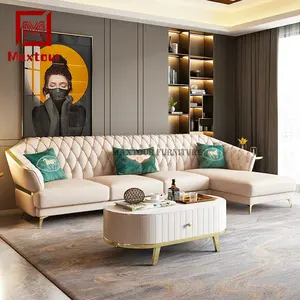 New style gold stainless steel and Imitation leather modern living room sofas set furniture designs