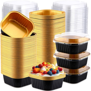 Wholesale 300ml 10oz 100pcs Square <b>Cupcake</b> Aluminum Foil Baking Trays with Plastic Lids Disposable Food Grade - Product Image 1