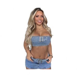 Fashion Denim 2 Piece Tube Top and Shorts Set Summer Waterproof Women's Casual Wear - Product Image 3