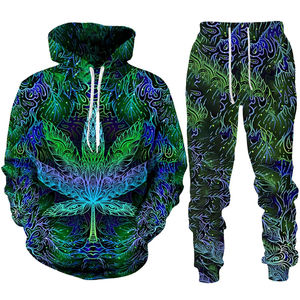 Arte pintura al óleo diseño 3D hoja impresión hombres deportes traje Sudadera con capucha y pantalones Conjunto 2 uds personalizado al por mayor Casual Streetwear sudaderas con capucha - Product Image 4