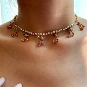 Cadena de tenis Iced Out para mujer, <span class=keywords><strong>Gargantilla</strong></span> dorada de acero inoxidable, colgante de fruta de circón, <span class=keywords><strong>Diamante</strong></span> brillante, dije de cereza - Product Image 2