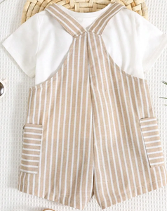 Conjunto de Pantalones Cortos a Rayas Beige y Blancos para Niños con Camiseta Blanca de Manga Corta con <span class=keywords><strong>Detalles</strong></span> de Botones y Bolsillos Laterales - Product Image 3