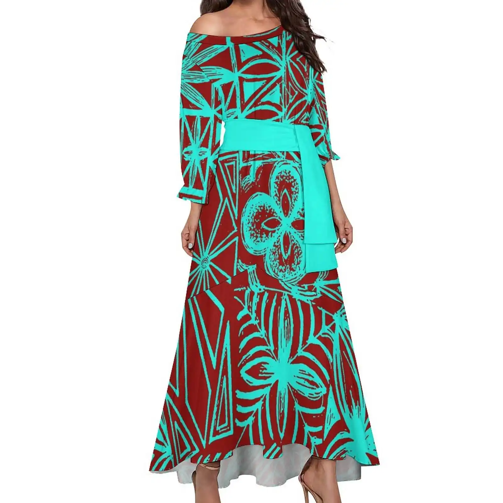 Mới Nhất Tắt Vai Đèn Lồng Tay Áo Plumeria In Maxi Dress Polynesian Tribal Thiết Kế Cộng Với Kích Thước Nàng Tiên Cá Ăn Mặc Cho Buổi Tối Gown