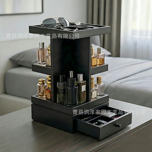 Rotating Storage Rack With Drawers 3 Layers Black <b>Desktop</b> Organizer For Perfume Watch Glasses Home Office Use - Product Image 1