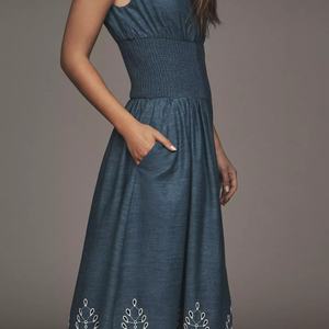 Vestido Largo de Mezclilla Azul Estilo Bohemio para Mujer, con Bordado, Cuello en V, Sin Mangas, para Verano, Gran Venta - Product Image 3