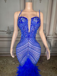 Abito da Cocktail con Piume Blu Diamante, Elegante Vestito Formale con Cristalli, Abito da Ballo per Donne - Product Image 2