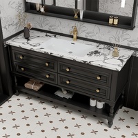Meuble de salle de bain français en bois massif avec planche laquée, comptoir en marbre autoportant, miroir de salle de bain et bassin en céramique d'hôtel